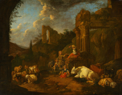Pastoral Idyll, 1670. Peasants with their animals among ruins: a boy offers a woman fruit from his