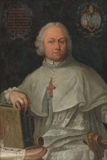Portrait of Prelate Andrej Sauberer, 1766. On the table are the plans for the baroque complex of St