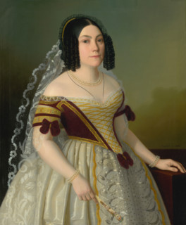 Portrait of Piroska Radvanská, 1846. Woman with ringlets wearing a pearl necklace, lace veil, and