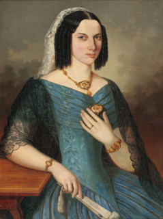 Portrait of a woman in blue, 1854. Woman with ringlets, wearing a black lace shawl, blue pleated