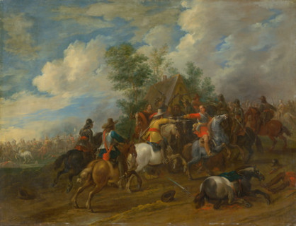 Cavalry skirmish, 1654. Battle scene: two horsemen fire at each other from close range. In the