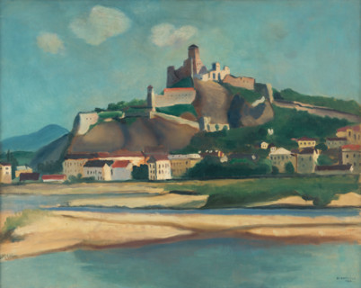 Trencín, 1926. View of the castle and town on the Vah River in western Slovakia.