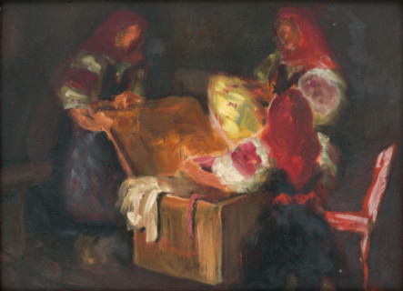 Looking through a hope chest, c1925. A hope chest is a young woman's collection of clothes, linen,