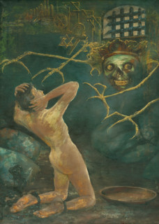 Totalitarianism, 1920. Nightmarish scene: a naked man in leg irons kneels before a vision of Death