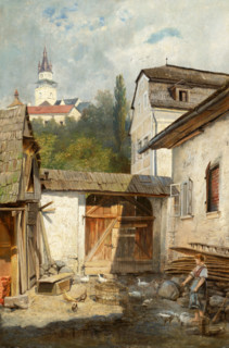 Courtyard in Kremnica, before 1890. Rural scene in Slovakia.