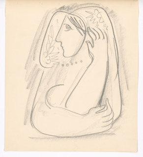 Woman in a flowered scarf supporting her ears, 1938.