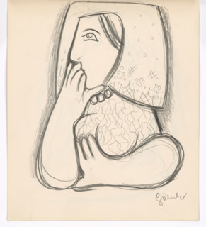 Woman in a flowered scarf with her chin supported, 1938.