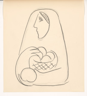 Woman with basket of fruit in her arms, 1938.