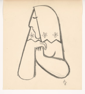 Woman in a flowered scarf with her hands supporting her, 1938.
