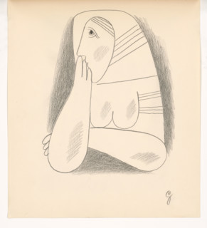 Woman in a striped scarf and a braid with her face supported, 1938.
