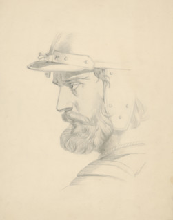 Man's head with a helmet, 1879.