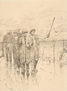 Drunk men walking in the rain, 1880-1900.
