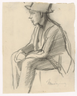 Study of a seated man in a hat, around 1900.