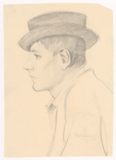 Profile of a young man in a round dark hat, 1880-1910.