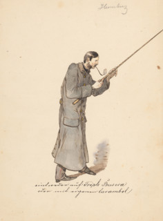 Man in a long military coat with a stick, 1850-1860.