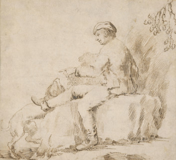 Study of a seated man playing with a dog, around 1600.