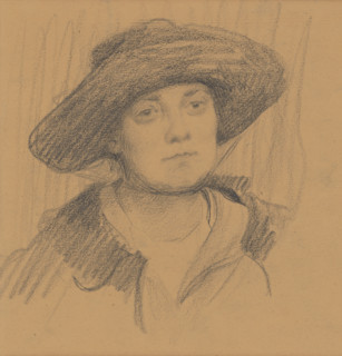 Study of a female head with a hat, around 1918.