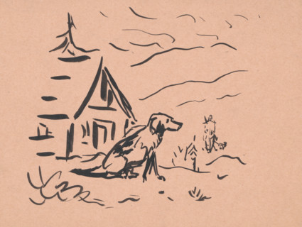 Dog in front of a hut, 1940-1943.