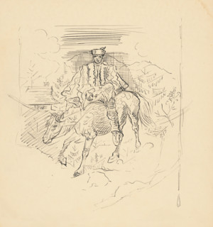 Man in a traditional costume on a horse, c1935.