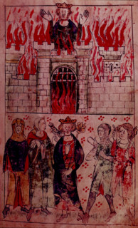 A castle on fire, c1307-c1327. Creator: Unknown.