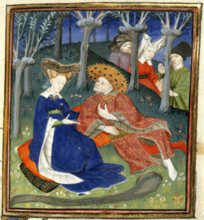 Duke and ladies in a garden, 1410-11. Creator: Master of the Cite des Dames.