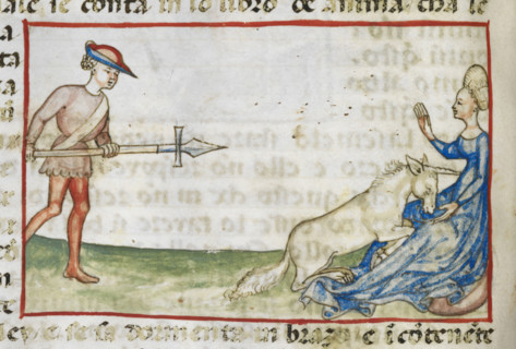 Detail of a tinted drawing of a woman protecting a unicorn, 2nd quarter 15th century. Creator: Anon.