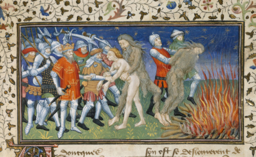 Alexander burns a wild man, early 15th century.  Creator: Unknown.