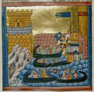 Naval battle between the fleets of Crete and Athens, with troops in a ship..., c1285. Creator: Unknown.