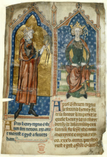 King Stephen standing with a falcon, and King Henry II seated on his throne, c1280-1300.  Creator: Unknown.