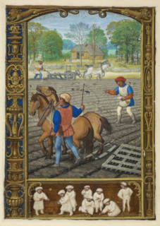 Calendar scene for September: Ploughing, sowing and harrowing, 1520-1530.  Creator: Workshop of Simon Bening.