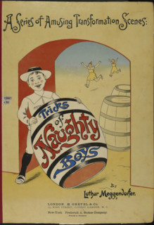 Boy holding a large barrel - book cover, 1900. Creator: Lothar Meggendorfer.