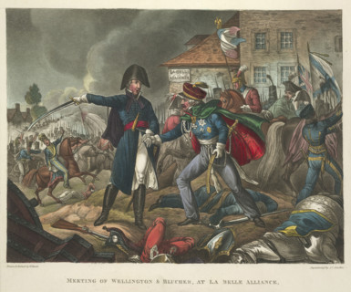 The meeting of Wellington and Blucher, at La Belle Alliance, during the Battle of Waterloo, 1815. Th Creator: William Heath.