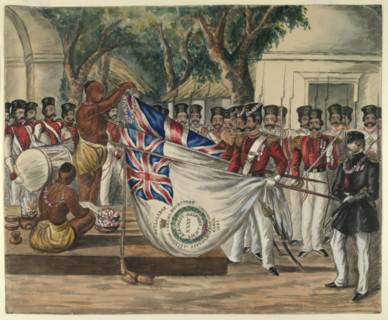 Hindu priest garlanding the flags of the 35th Bengal Light Infantry, c1847.  Creator: Unknown.