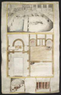 View and plans of the Roman baths at Bath, co. Somerset..., 1762. Creator: William Hoare.