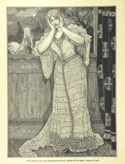 The dragon of the great Pendragonship blaze, making all the night a stream of fire, 1898.  Creator: Louis John Rhead.