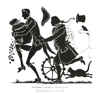 Metternich runs away with Sedlnicky. According to the cartoon from the year 1848, (1898).  Creator: Unknown.