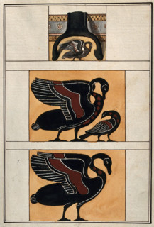Above, detail of the handle of a black-figured Greek vase; middle, stylised swan..., 1760-9. Creator: Augustin Dahlsteen.