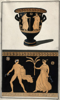 Above, a red-figured Greek wine bowl (krater); below, detail of the decoration showing..., 1760-69. Creator: Augustin Dahlsteen.
