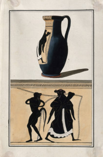 Above, black-figured Greek wine jug (oinochoe); below, detail of decoration showing a man..., 1760-9 Creator: Augustin Dahlsteen.