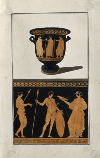 Above, red-figured Greek wine-mixing bowl (bell-krater); below, detail of the decoration..., 1760-9. Creator: Augustin Dahlsteen.