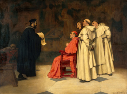 Gabriel Falloppius [Fallopius] explaining one of his discoveries to the Cardinal Duke of Ferrara. Creator: Francis Barraud.