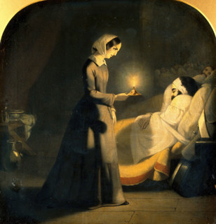 Florence Nightingale as the lady with the lamp. Creator: J. Butterworth.