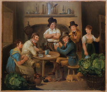 Interior with two men playing cards and four other figures. Creator: Stephen Jenner.