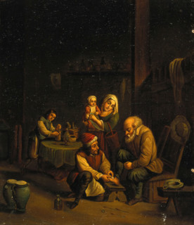 Interior with a surgeon attending to a man's foot, and three other figures, c1680s. Creators: Unknown, Follower of David Teniers II.