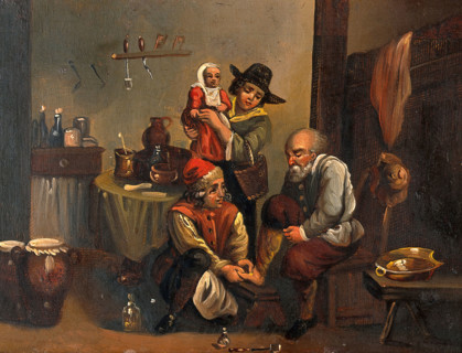 Interior of a surgery with a surgeon attending to a man's foot, and a woman..., c1680s. Creators: Unknown, Follower of David Teniers II.