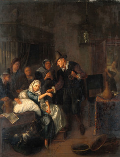 A medical practitioner taking a girl's pulse and holding a flask of her urine, with four other... Creator: Brakenburg, Richard, 1650-1702 (After).
