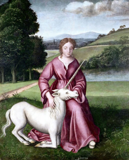 A virgin and a unicorn; representing chastity. Creator: Dosso Dossi.