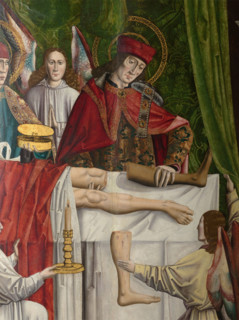 A verger's dream: Saints Cosmas and Damian performing a miraculous cure by transplant..., 1495. Creator: Master of Balbases.