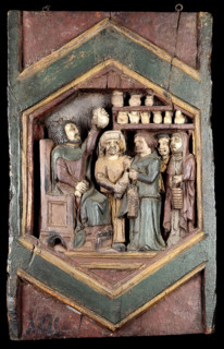A medical practitioner examining urine brought by his patients. Painted relief after Nino Pisano.. Creator: Pisano, Nino, approximately 1315-approximately 1368 (After).