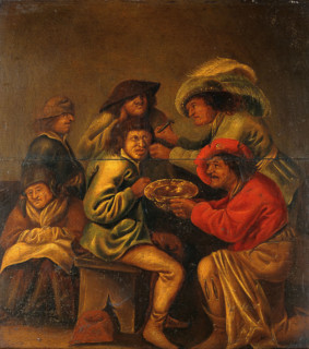 An operator extracting "pierres de tête" from behind a man's ear, with four other people in... Creator: Quast, Pieter Jansz., 1606-1647 (Follower of).